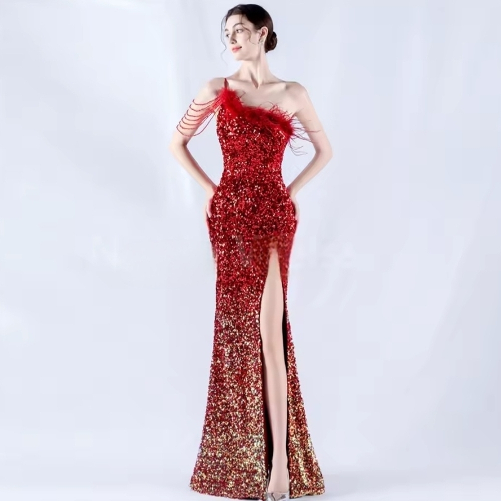 Red and Gold Sequin One Shoulder Slit Gown